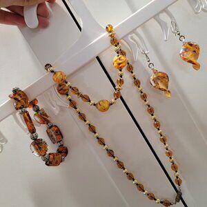 Vintage Murano Necklace Bracelet Earrings Set 24" Beaded Swirl